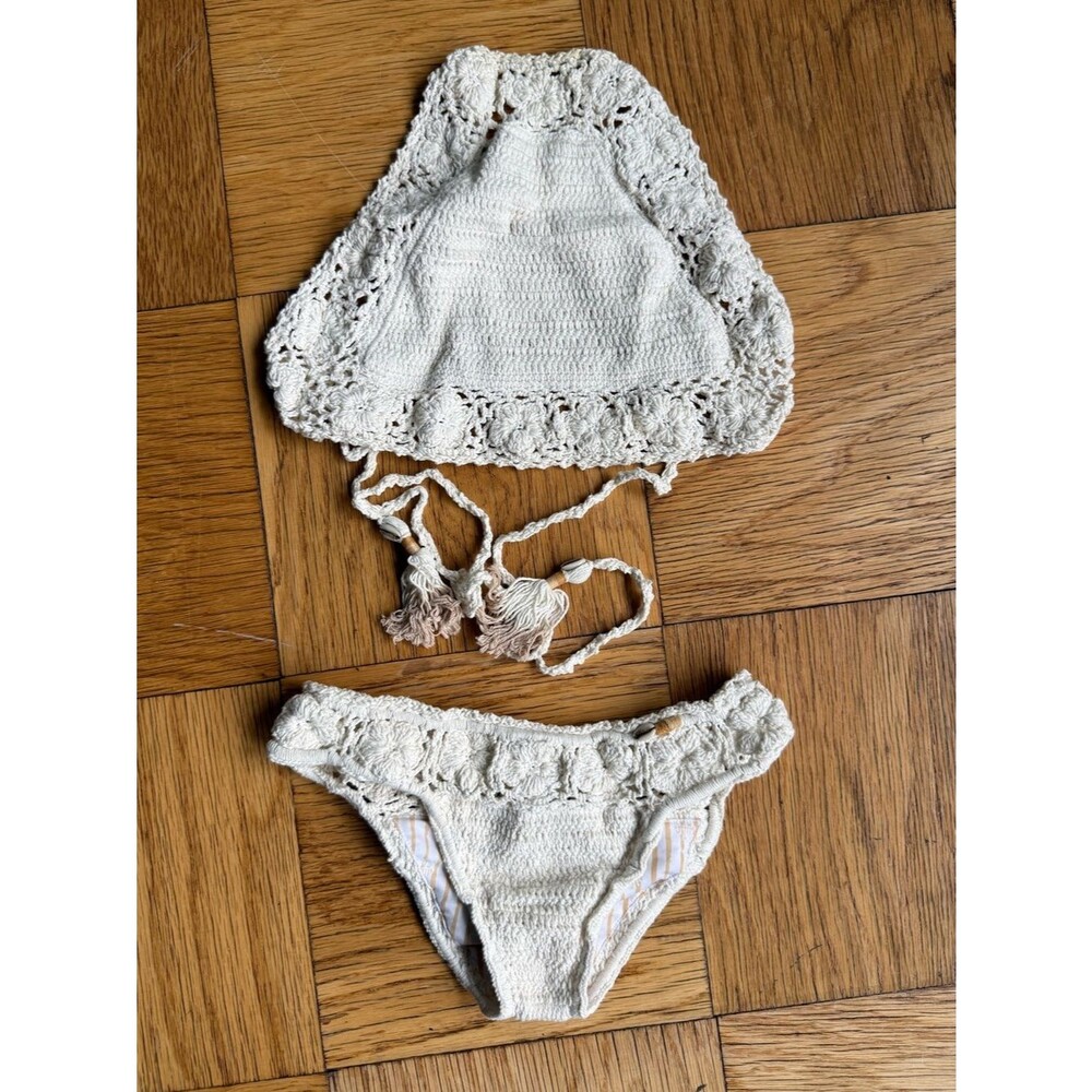 She Made Me Bikini Crochet Halter Bikini Set, Sz S/M, Natural